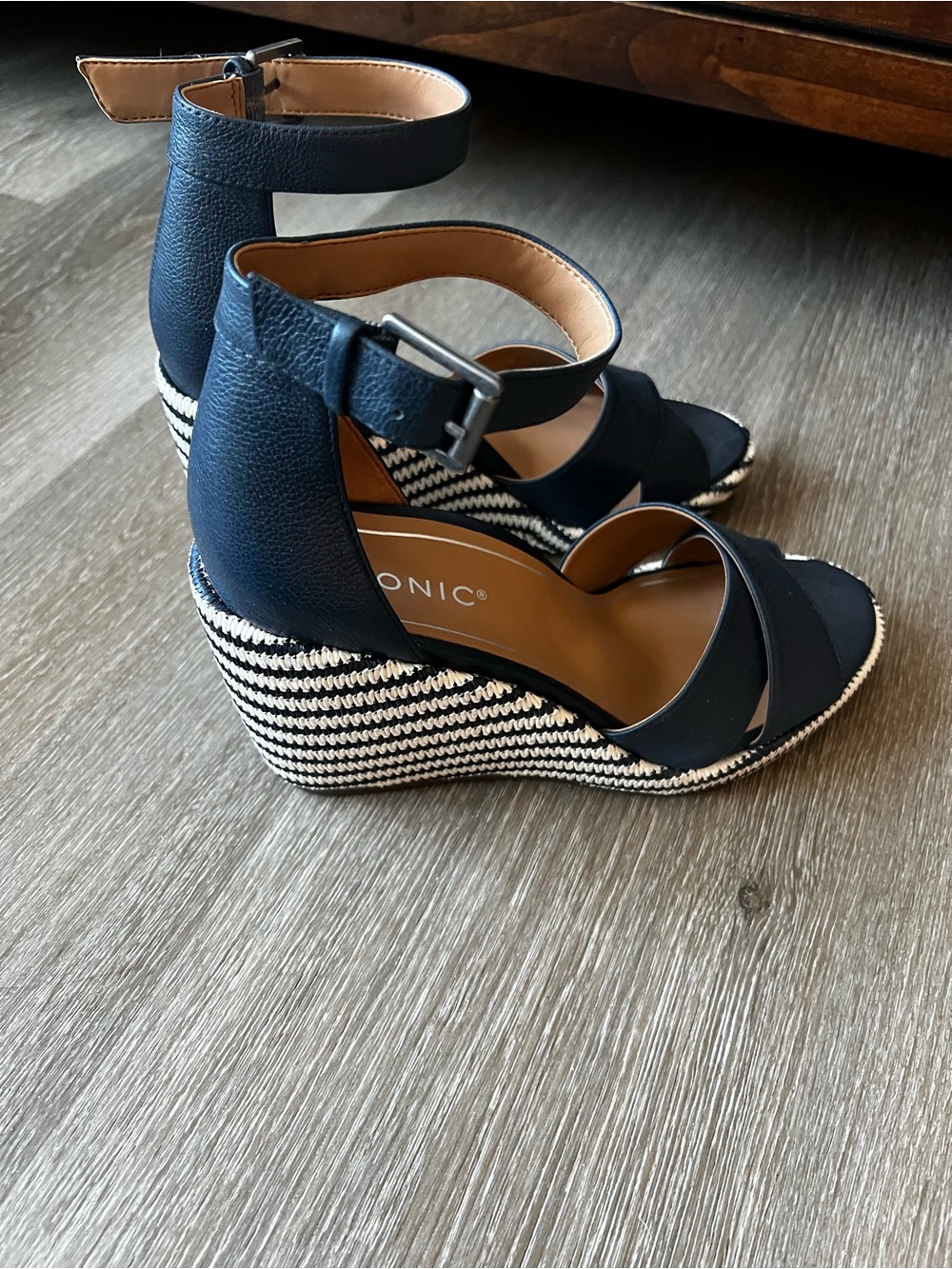 Vionic Navy and White Striped Espadrille Wedge Sandals
